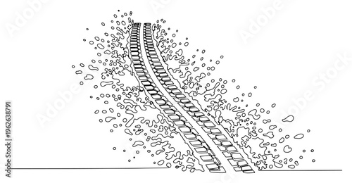 Tire Track in Mud and Water Splashes Continuous One Line Drawing Minimalist Offroad Vehicle Mark