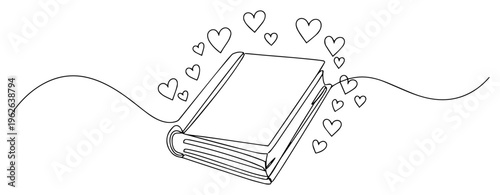 Love Story Book with Hearts Continuous One Line Drawing Minimalist Romantic Literature Illustration