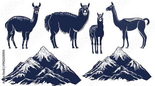 Artistic depiction with stylized llamas and mountain peaks in shades of dark blue and white