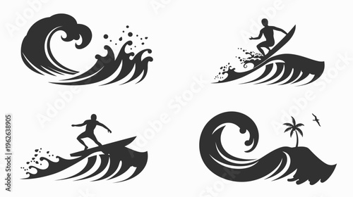 Graphic of four silhouettes showing waves, surfers, island with tree, and bird