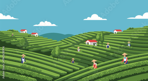Workers harvesting tea on rolling green hills with houses and trees under a blue sky
