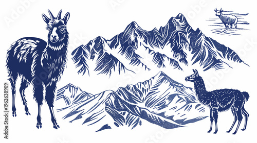 Monochrome illustration features mountain goats, mountains, and a llama. Created using linocut style