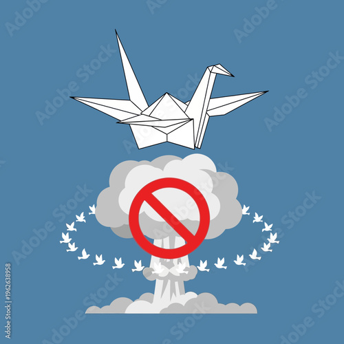 Origami crane flying over nuclear explosion.