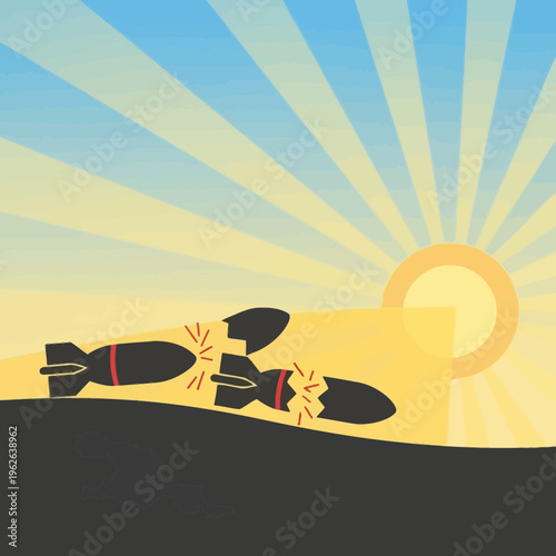 Illustration of bombs exploding at sunrise.