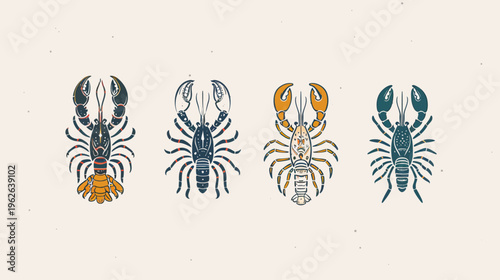 Four stylized illustrations of lobsters, each with unique color schemes, arranged on a cream-colored background