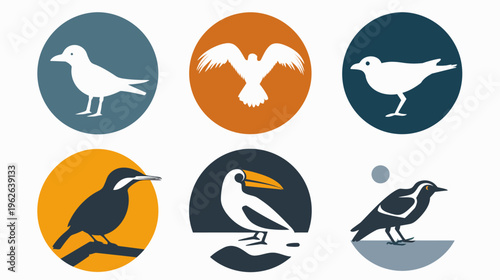 Six bird icons in circles. Birds are rendered as silhouettes, each on its colored disc