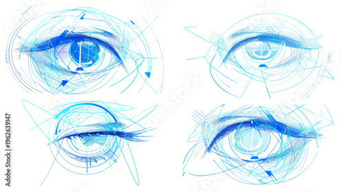 Four abstract eyes rendered in bright blue paint strokes on a white background