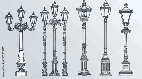 Seven hand-drawn vintage street lamps on a pale grey background. Various artistic designs displayed