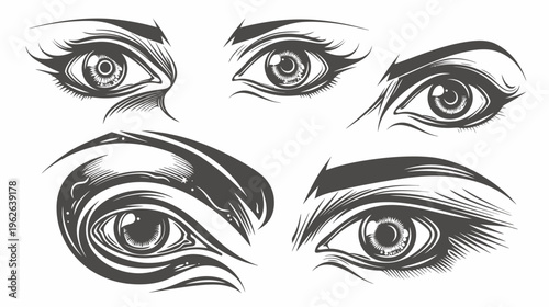 Black and white stylized illustration of five eye pairs on a white background