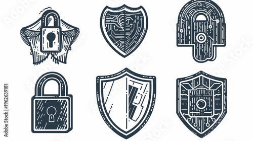 Black and white illustrations of security concepts, including locks and shields with technology elements