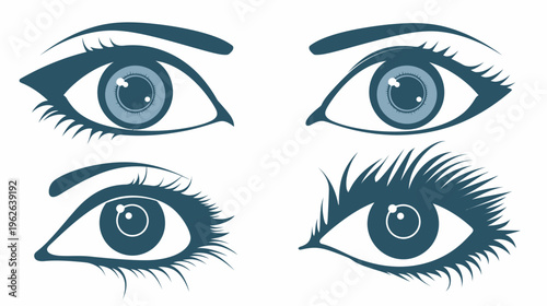 Graphic with four stylized pairs of eyes in blue hues on a white background