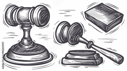 Black and white illustration of gavel, block, and a small podium; all associated with law
