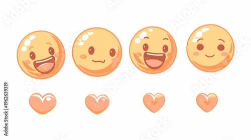 Four emoji-style faces and corresponding hearts in peach hues, isolated on white