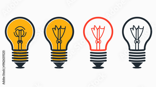 A collection of simple illustrations of light bulbs in various colors and styles