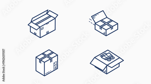 Four stylized delivery boxes in various states with outlines, cart icon. Isometric illustrations