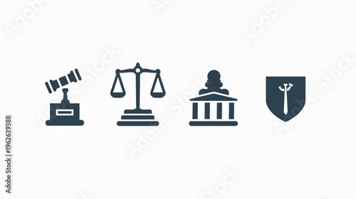 Four simple dark icons on a white background, representing justice, law, and order