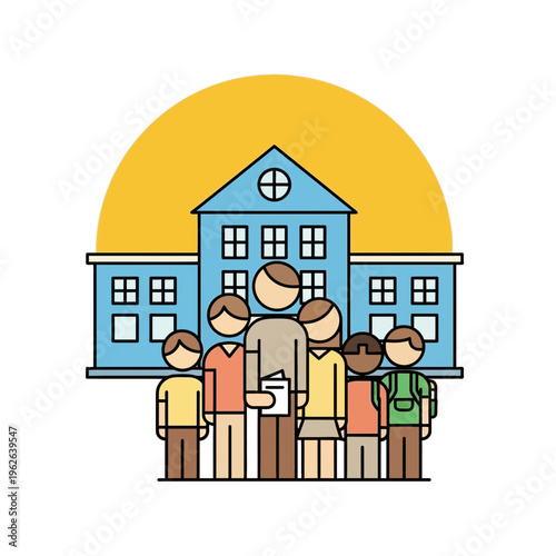 a group of people standing in front of school building.