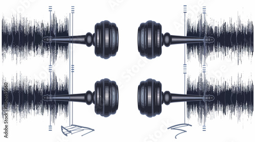 Abstract graphic illustration with four mallet-like shapes facing different directions and surrounding sonic waves