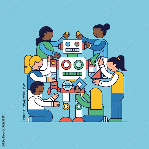 Diverse group of children building robot.