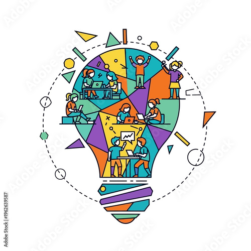 A colorful illustration of people brainstorming.