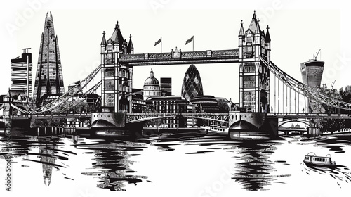 Monochrome illustration of a city waterfront, showing iconic landmarks reflected in rippling water