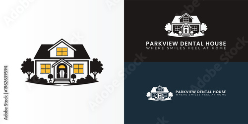 A minimalist dental logo featuring a welcoming house with soft lines and glowing windows, symbolizing comfort, trust, and care. Its balanced composition reflects an established, warm dental practice.