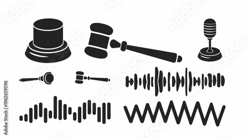Collection of various black icons related to law, audio, and sound, set against a white background