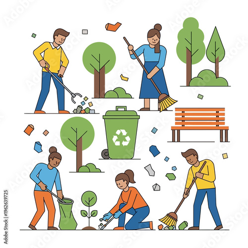 People cleaning up park with brooms and trash bags.