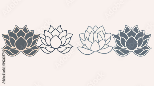 Four lotus flower illustrations in a row, featuring different colors and line weights