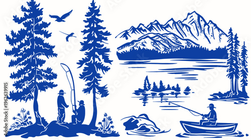 Monochromatic illustration of people fishing amidst tall trees and mountainous landscape