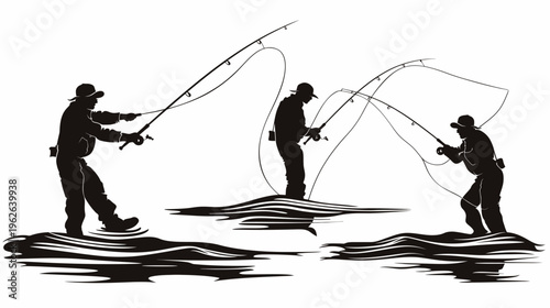 Silhouettes of three figures fly fishing in a river, with water in grayscale