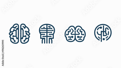 Four stylized representations of the human brain, each with a technological circuit design