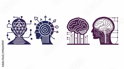 Four stylized human head illustrations depicting technology and brain concepts with gradient colors