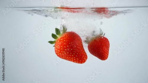Vibrant red strawberries make a refreshing splash as they plunge into crystal clear water against a bright white backdrop, capturing a dynamic moment of freshness and vitality