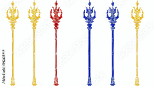 Six trident weapons in golden, red and blue hues on white. Illustration of ancient symbol