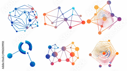 Six abstract, gradient-colored graphic elements connected nodes and geometric shapes