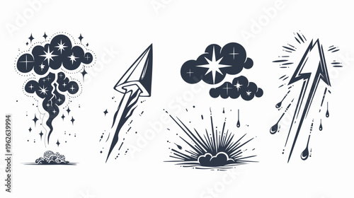 Collection of stylized illustrations of celestial elements, with stars, clouds, and explosions