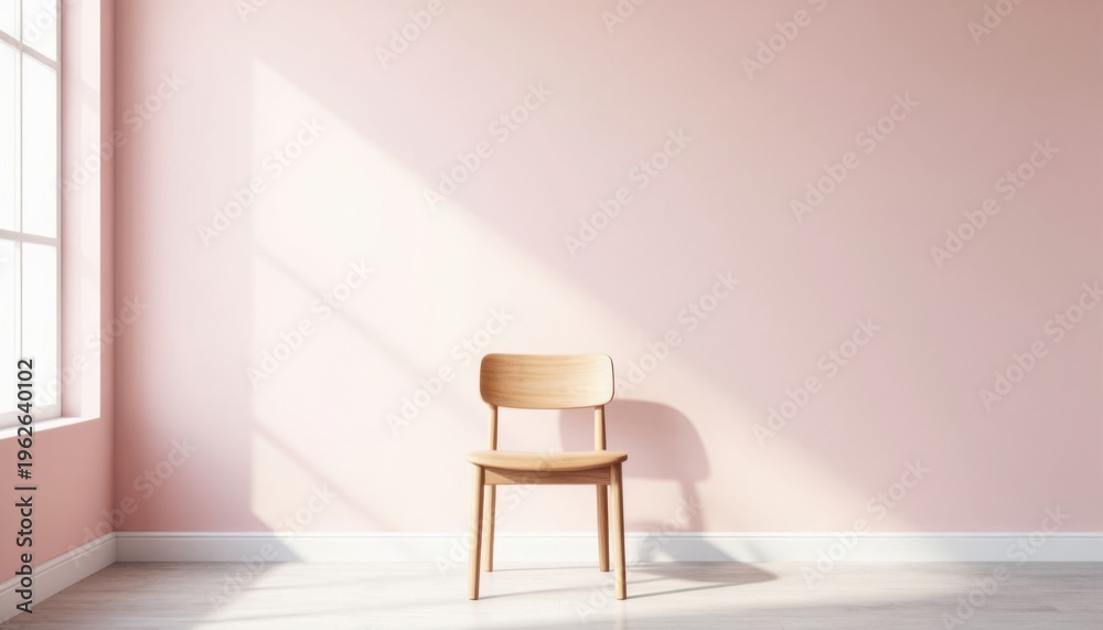 Fototapeta premium Minimalist wooden chair in soft pink room with natural light and empty space