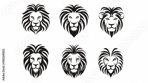 Black and white illustration with six lion head designs on white background, various styles