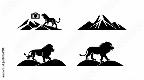 Silhouettes of a lion with a mountain and a camera. Four stylized graphics of a majestic animal
