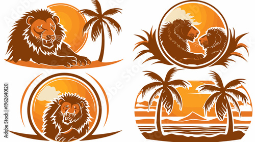 Four stylized illustrations depicting lions, palm trees, sun, and savanna landscape elements