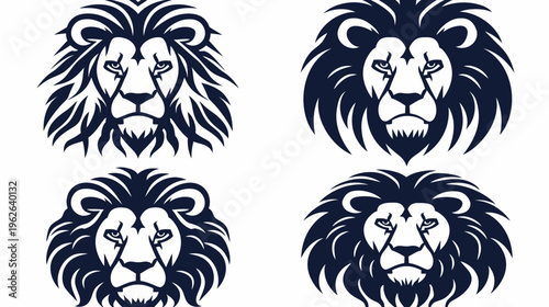 Four stylized lion head illustrations in a two-by-two grid, all in a dark navy blue tone