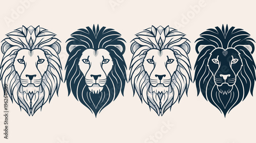 Artistic depiction of four stylized lion faces in a row, with varying color palettes