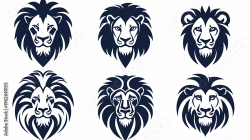 Six stylized lion head illustrations with varied mane designs on white background, dark blue color