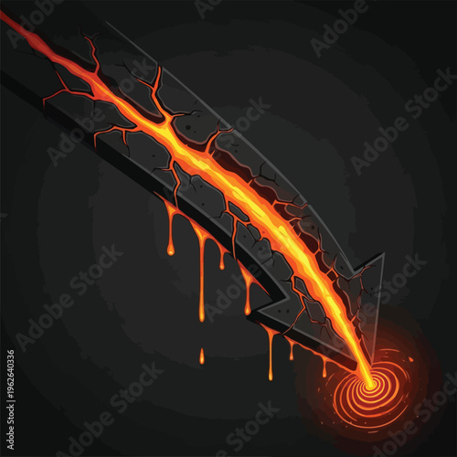 Downward arrow made of black stone with flowing lava, against dark background.