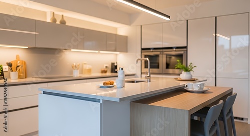 Modern scandinavian style kitchen with white walls wooden elements and high quality kitchen appliances in soft focus