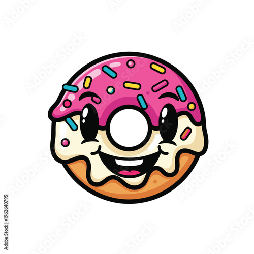 Cartoon donut with pink frosting.