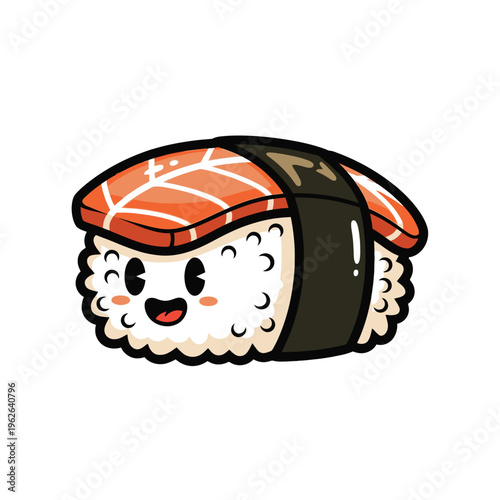 Cute cartoon sushi roll character smiling.