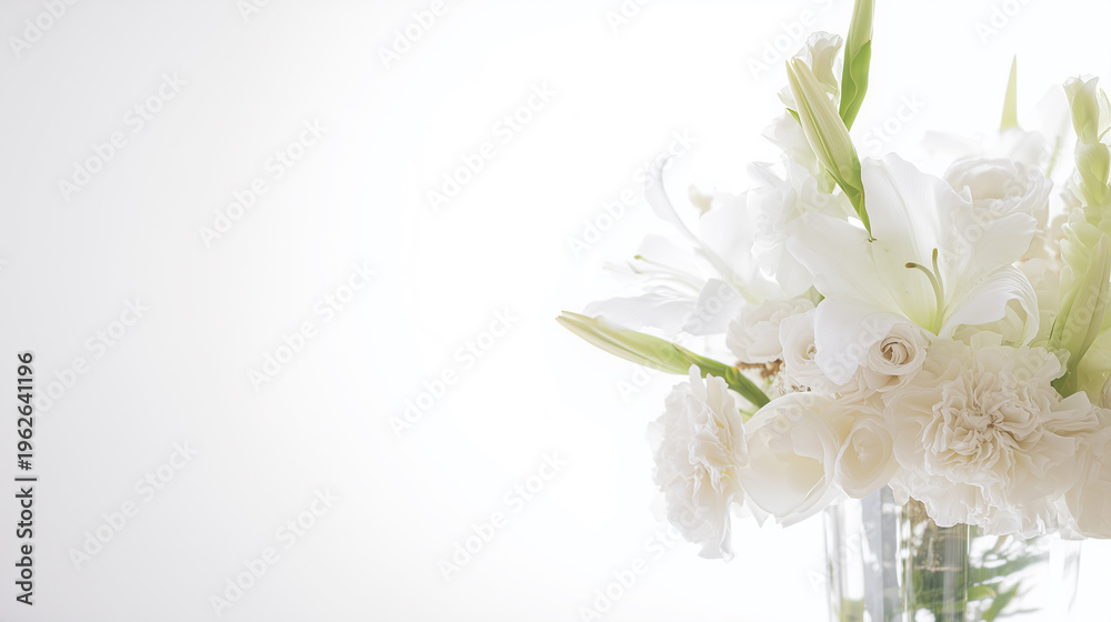 Fototapeta premium Minimal white flower background with elegant soft lighting, copy space