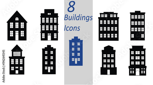 Modern buildings icons set featuring urban architecture skyscrapers apartments houses offices minimal flat design black silhouette vector collection